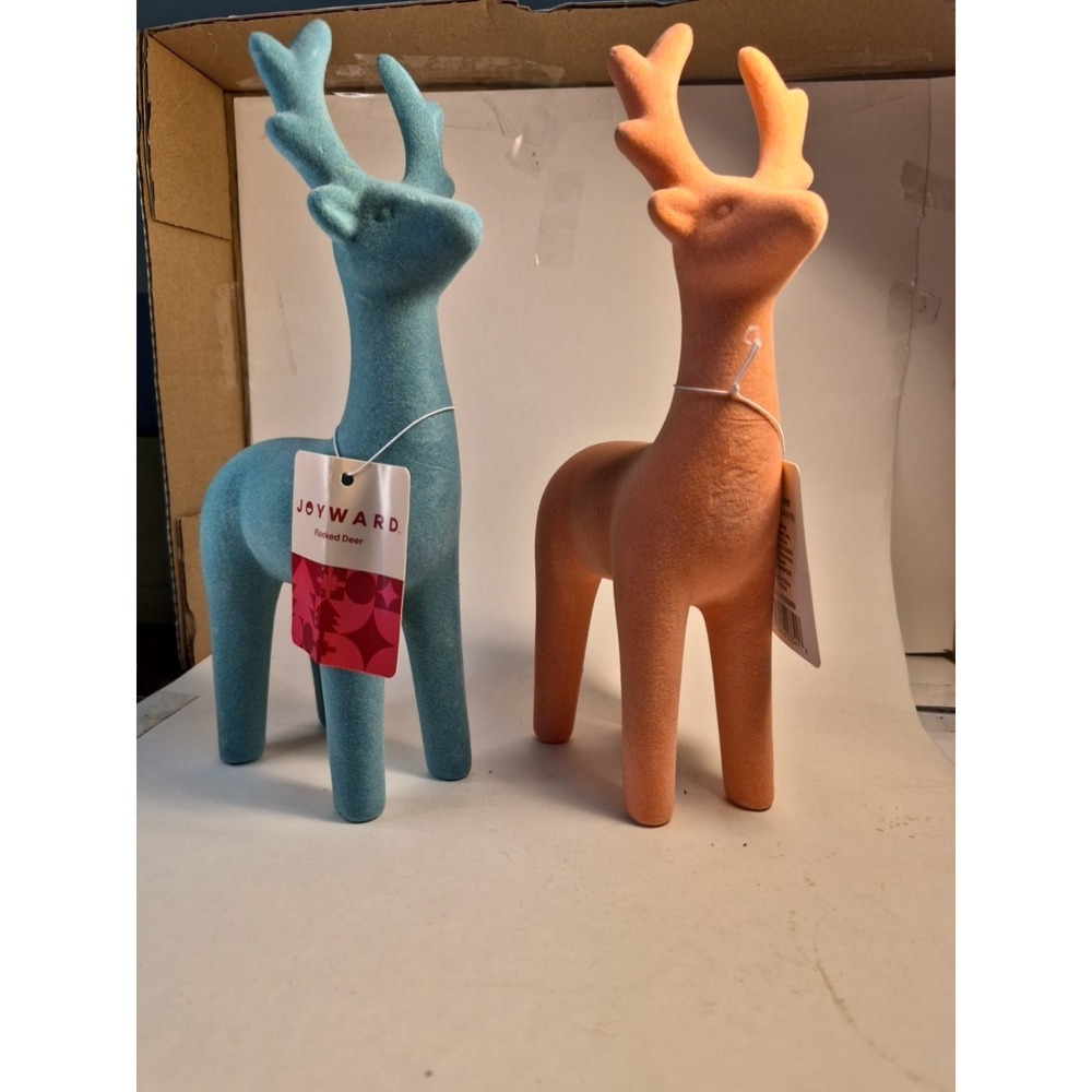 2 Deer Flocked 9.6 In Tall Christmas Blue and Pink Reindeer Holiday Decor New